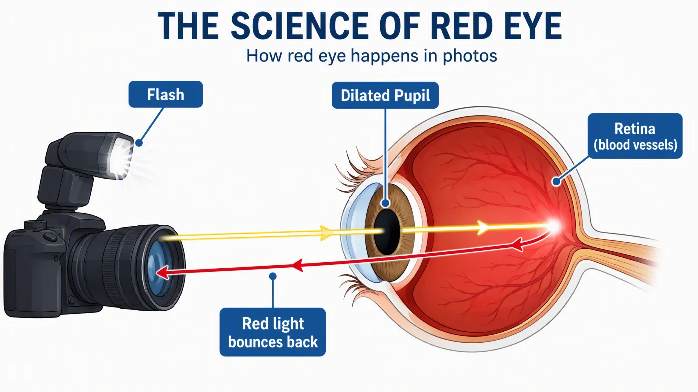 Diagram showing how camera flash enters a dilated pupil and reflects off the retina to cause red eye