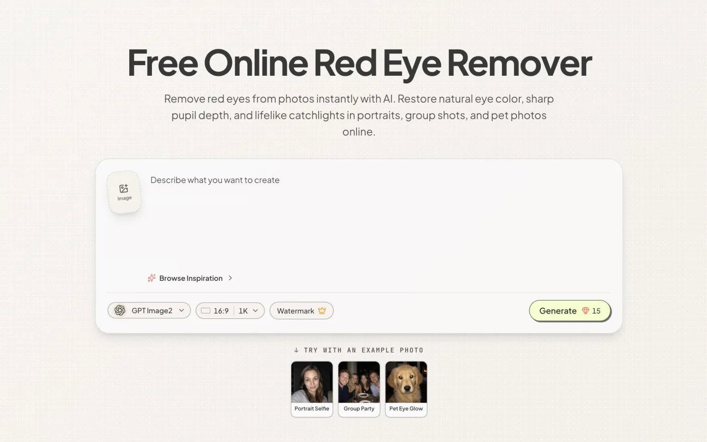 Imgtoimgai.io online AI Red Eye Remover tool interface with photo upload area