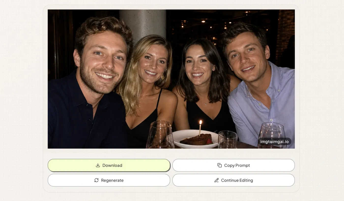 Completed AI red-eye removal result for a group photo showing natural eye color and Download button