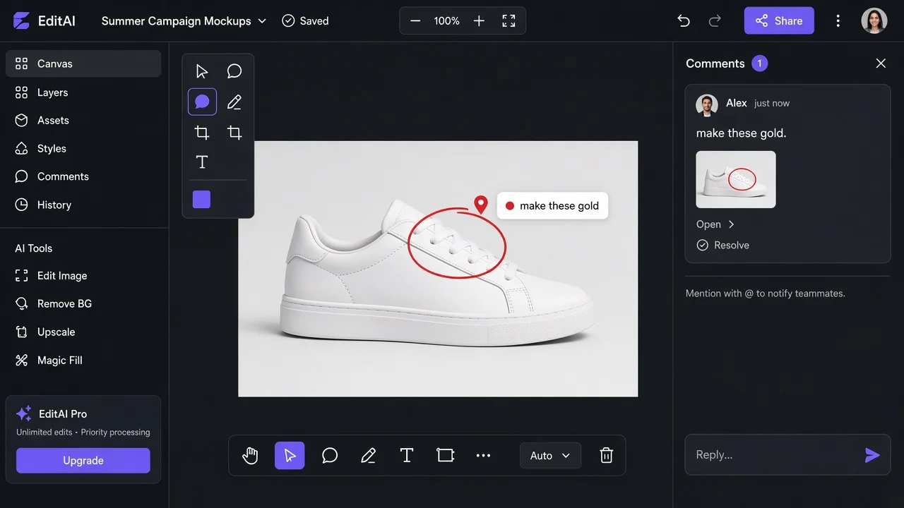 AI image editor mockup with a comment pinned to a sneaker's laces that says make these gold