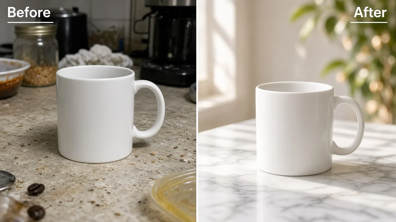 Before and after of a white ceramic mug moved from a messy kitchen counter to a marble surface with soft window light