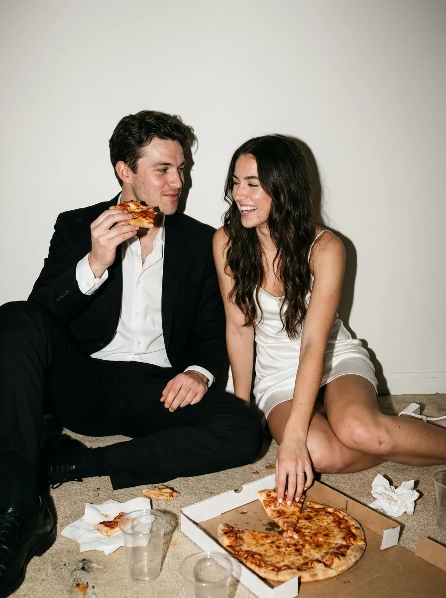 Wedding afterparty pizza portrait