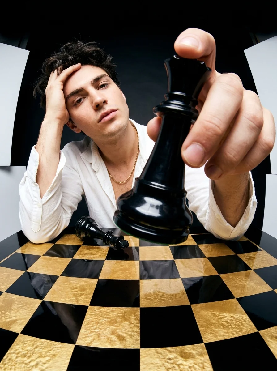 Fisheye chess-piece fashion shot