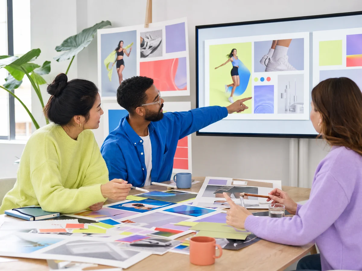 Marketing team reviewing campaign visual options