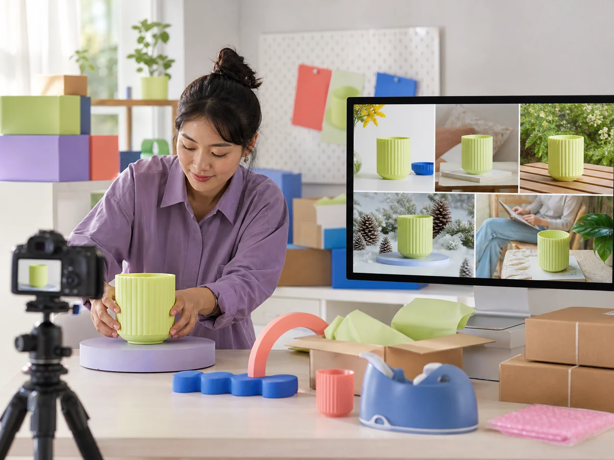 Online seller creating product scenes from one photo