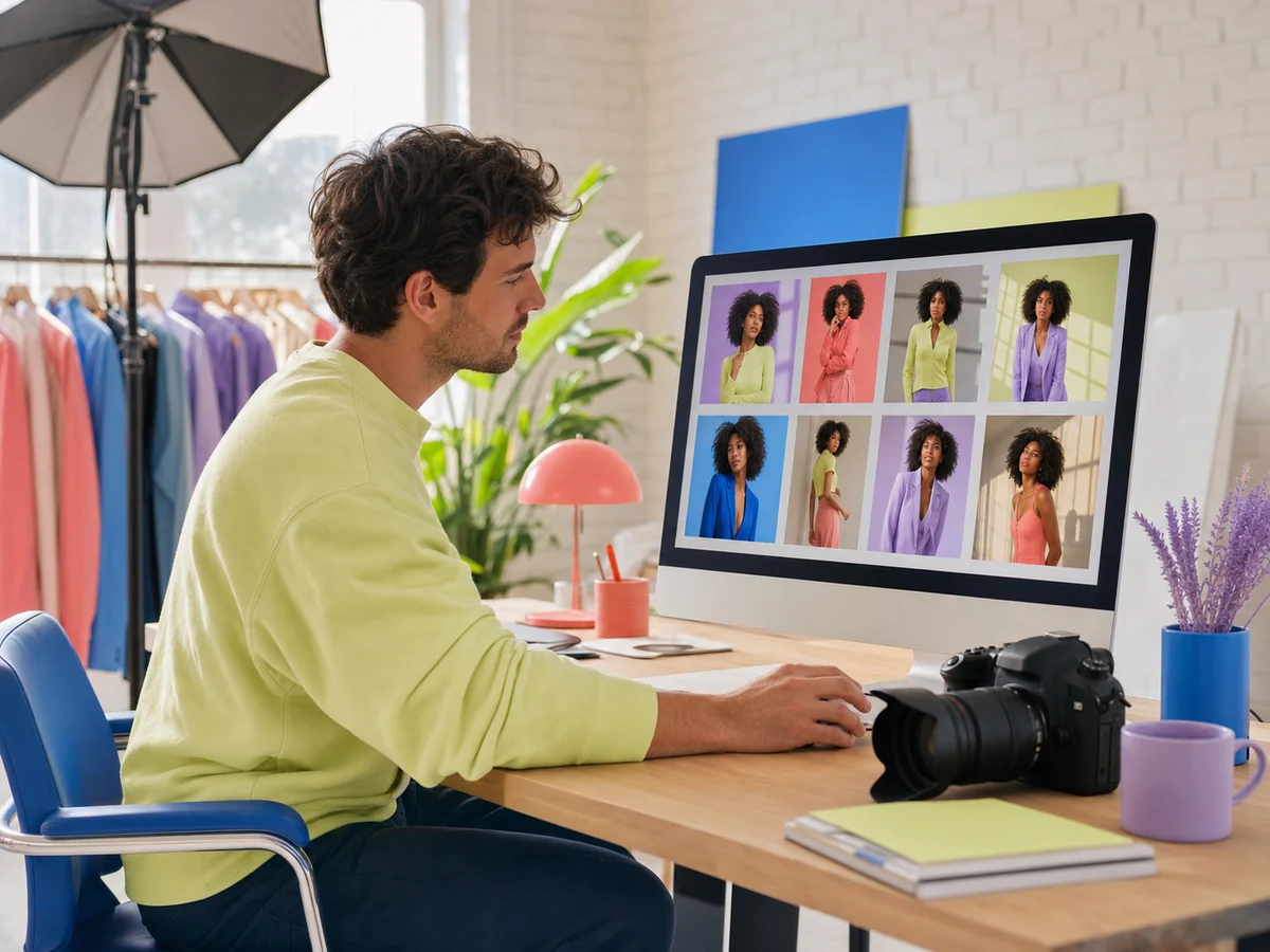 Photographer reviewing AI-edited portrait variations