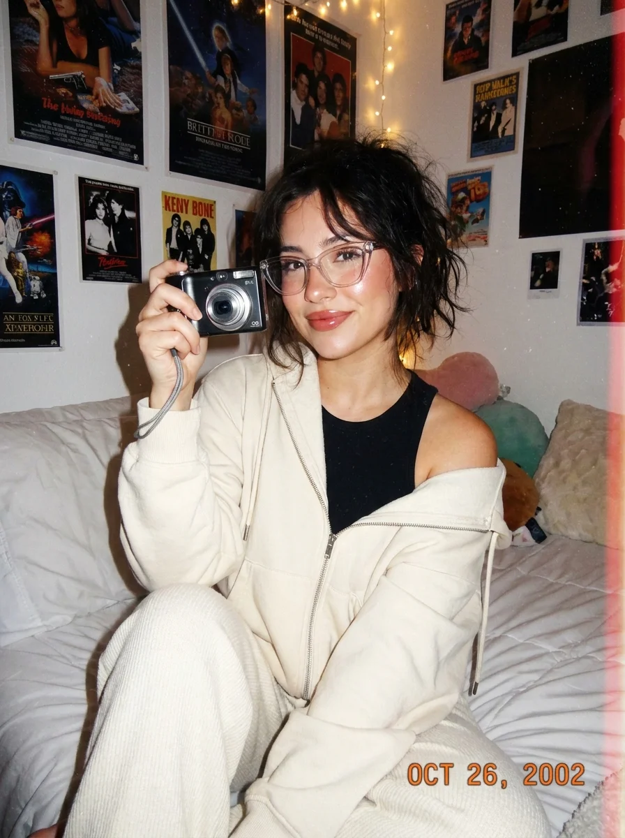 Y2K digital-camera bedroom portrait
