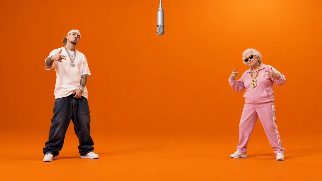 A young man in a white tee and a grandma in a pink tracksuit posing at the hanging mic