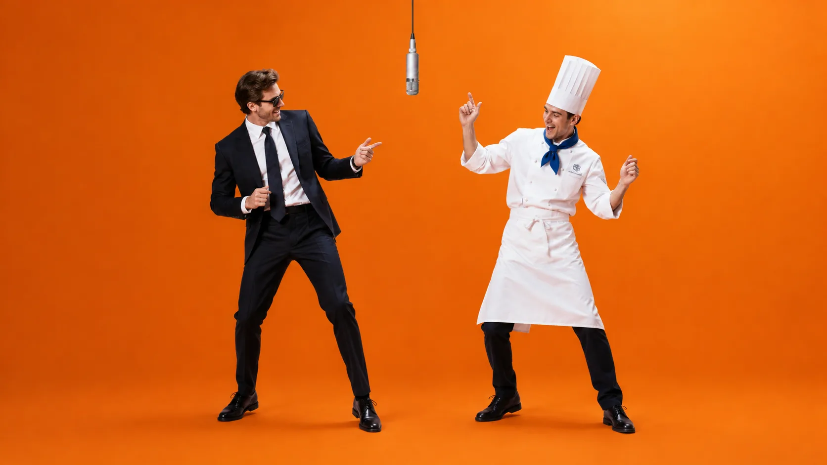 A man in a suit and a chef in a white hat dancing at the hanging mic